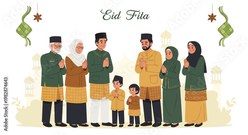 Happy Multi-Generational Muslim Family Celebrating Eid al-Fitr Together in Traditional Attire, Illustration for Hari Raya Festival
