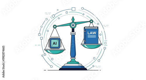 Artificial Intelligence Law and Ethics Concept Illustration with Scales of Justice Balancing an AI Microchip and a Law Book