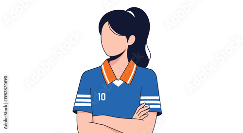 A determined female soccer player with dark hair pulled back in a ponytail wears a vibrant blue jersey featuring a bright orange collar and number ten.