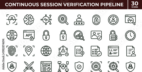 Continuous session verification pipeline outline icon set with authentication monitoring security analytics symbols for dashboards apps presentations web interface systems