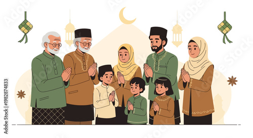 Happy Multi-generational Muslim Family Celebrating Eid al-Fitr Holiday Together Illustration