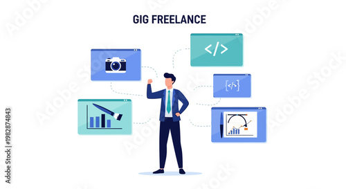 Gig Freelance Professional Showcasing Multiple Digital Skills like Coding Graphic Design and Photography Flat Vector Illustration