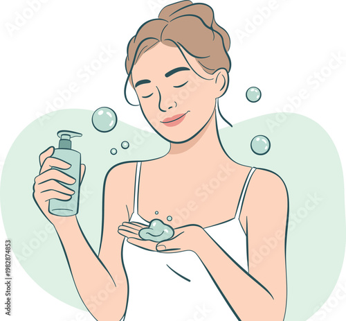 A woman enjoying a skincare routine with a cleanser and bubbles around her face