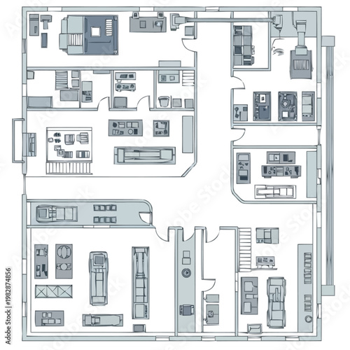 Detailed architectural blueprint showing the floor plan layout of a spacious commercial building with multiple rooms offices and areas for equipment storage and display ideal for real estate or