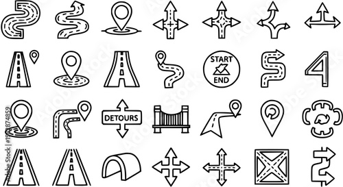 Road and Navigation Line Art Icons Set. Outline Symbols for Transportation, Travel, Mapping, and Route Planning Apps. Black  White Vector.