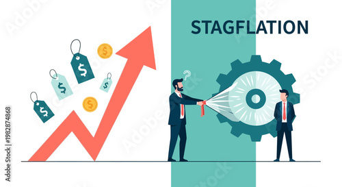 Stagflation Economic Concept Illustration Showing Rising Prices with Growth Arrow and Industrial Stagnation with Businessmen
