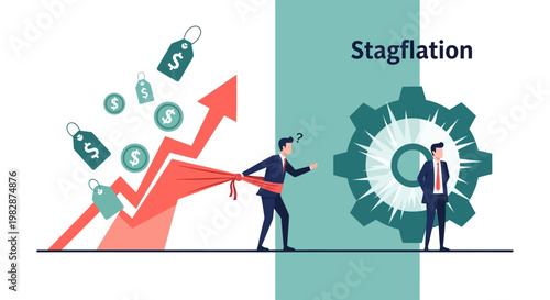 Stagflation Economic Concept Illustration showing Rising Inflation Prices and Stagnant Industry Growth with Businessmen