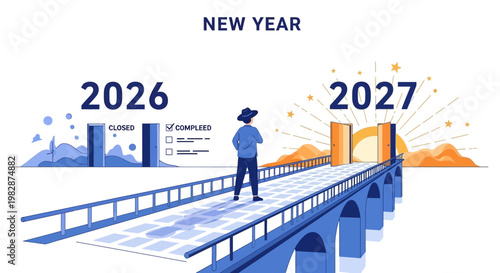 Business Concept Illustration of Man Standing on a Bridge Transitioning from Year 2026 to 2027 with New Goals and Future Vision
