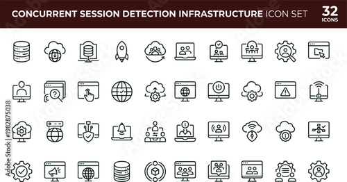 Concurrent session detection infrastructure outline icon set with authentication monitoring security network symbols for dashboards apps presentations web interface systems