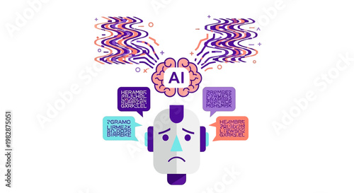 Artificial Intelligence Hallucination and Error Concept with Sad Robot Face and Glitched Brain Icon Representing Misinformation