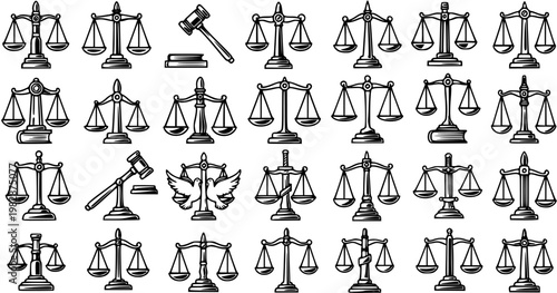 Black and White Line Art Justice Scales and Gavel Icon Set for Law and Legal Industry