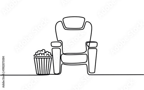 A minimalist line drawing of a recliner chair with a popcorn bucket beside it
