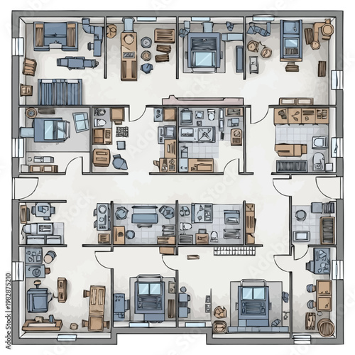 An Overhead Architectural Blueprint Displaying A Detailed Floor Plan Of A Healthcare Facility With Multiple Rooms Examination Spaces And Patient Areas Providing A Comprehensive View Of Interior