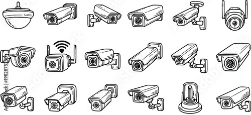 Hand-Drawn Black and White Line Art Security and Surveillance CCTV Cameras Vector Icon Set for Home Protection and Technology Monitoring.