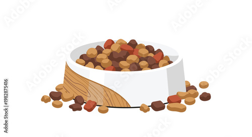 A modern white pet food bowl with a stylish wood grain base is filled with colorful multi-shaped dry kibble pieces on a pristine white background space.