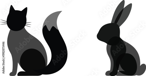 Minimalist silhouettes of a sitting cat and a rabbit