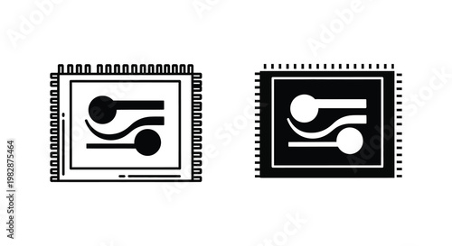 Two black chip icons with internal circuitry designs a distinct silhouette
