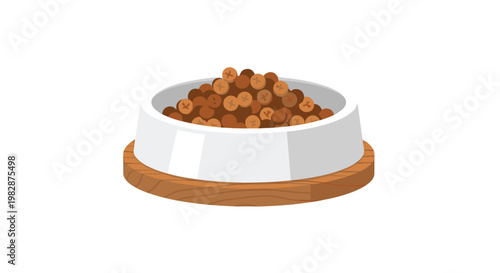 A pristine white ceramic pet bowl resting on a circular wooden platform is filled with uniform brown cross-shaped dry food pellets against white space.