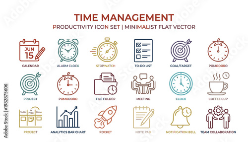 Time management productivity icons set.