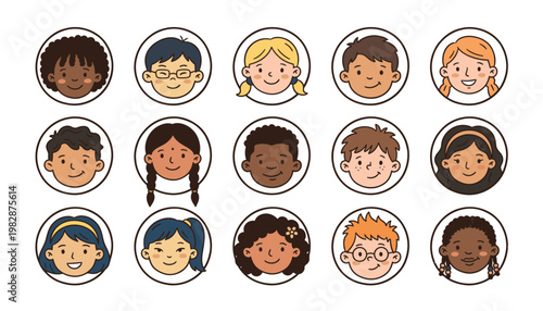 Diverse group of smiling cartoon children.