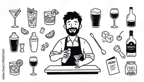 Bartender surrounded by cocktail ingredients.