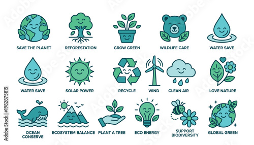 Environmental icons for eco friendly practices.