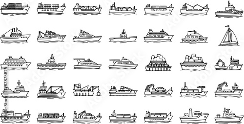 Hand-drawn Black and White Line Art Doodle Icons of Maritime Boats, Ships  Water Vessels - Transportation  Leisure Collection