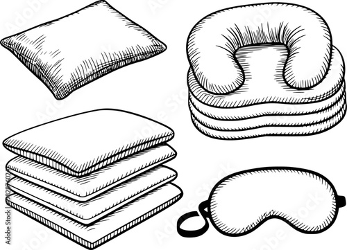 Hand Drawn Collection of Pillows Travel Neck Pillow and Sleep Mask White Background