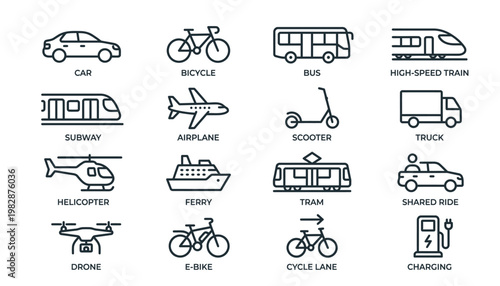 Transportation icons for travel and commute.