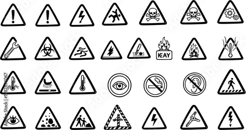 Industrial Safety Warning and Danger Signs Vector Collection in Black and White Line Art Style for Workplace Hazard Identification