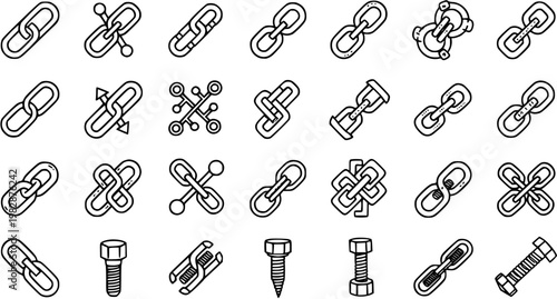 Black and White Line Art Icons of Chain Links and Bolts for Industrial Connection