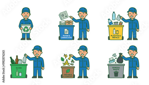 a set of cartoon illustrations depicting a man sorting recyclables.