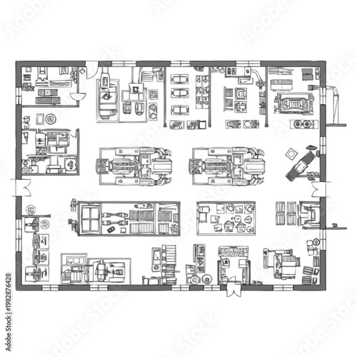 Bird s eye view architectural blueprint demonstrating detailed floor plan layout for a spacious automobile repair garage showcasing multiple service bays waiting areas and specialized equipment