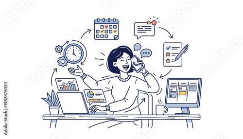 Overwhelmed businesswoman managing multiple tasks.