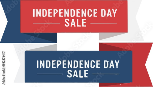 Two colorful patriotic ribbons featuring text for an independence day sale advertisement isolated on a clean white background design