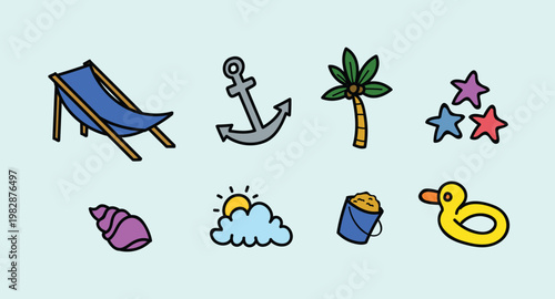 Bright Summer Beach Icons Set With Palm Tree, Anchor, Deck Chair and Playful Floaties