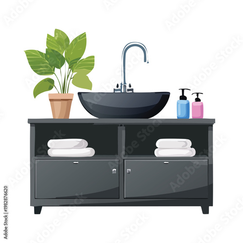 Modern bathroom vanity with sink plant towels and accessories isolated