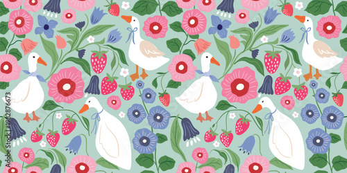 Seamless cottagecore pattern with cute white geese, spring flowers and strawberries on pastel background.Trendy wallpaper in retro style ideal for spring/ summer themed products, stationery, and  back