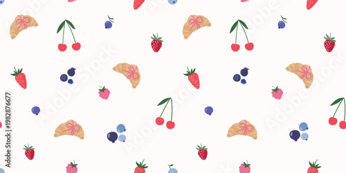 Coquette seamless pattern with breakfast croissants and fruits, spring summer wallpaper, seasonal background