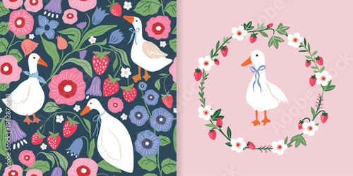 A charming seamless pattern and greeting card with whimsical white geese, delicate wildflowers and strawberries. Vintage wallpaper cottagecore aesthetic, perfect for nursery decor, textile printing 