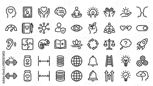 Mental Wellness and Self Care Outline Icon Set for Psychology App Design, Therapy Platform, Mindfulness and Personal Growth Interface