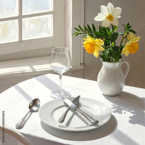 A serene table setting with flowers and cutlery by a sunny window