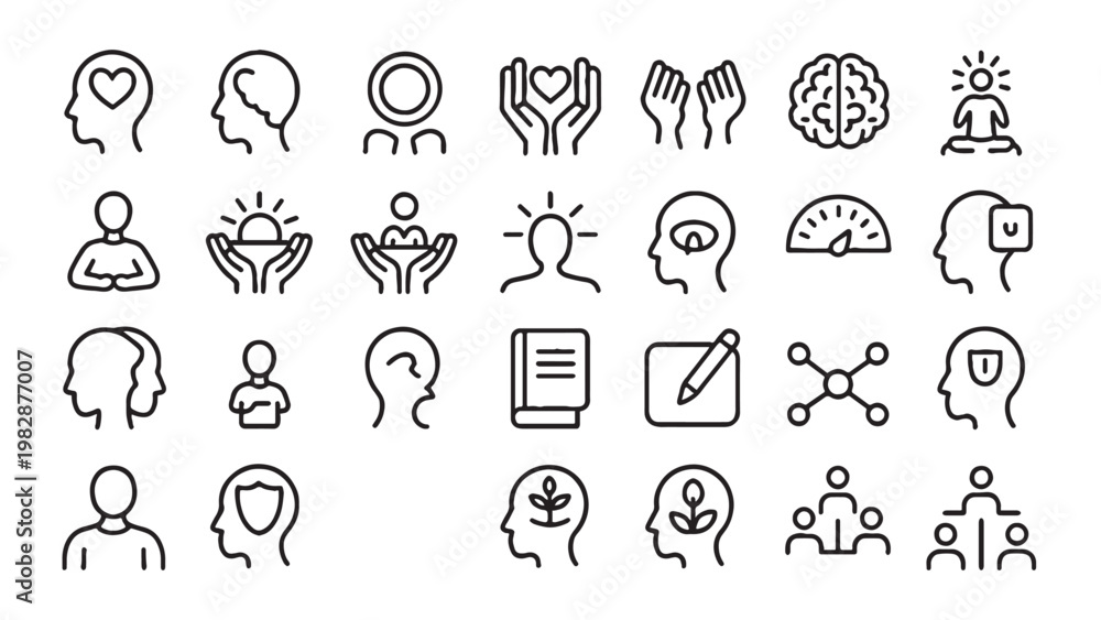 Fototapeta premium Mental Health Awareness and Emotional Support Outline Icon Set for Psychology App, Therapy Platform and Mindfulness Interface Design