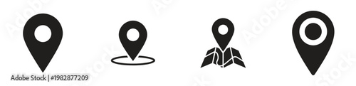 Four distinct location pinpoint icons with unique design variations. Vector
