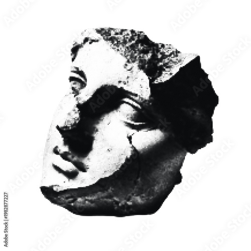 Grayscale halftone texture ancient Greek bust fragment classic art sculpture modern pop art print antique statue grunge graphic design element