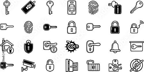 Black  White Line Art Security and Access Control Icons: Keys, Locks, Biometrics, Smart Home  Surveillance Systems for Safety.