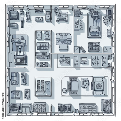 Aerial View Illustration Showing a Realistic Factory Floor Layout with Various Machinery Production Lines and Industrial Equipment Arranged for Efficient Workflow and Manufacturing Processes