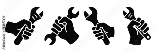 Hand wrench vector icon set with transparent background, flat black silhouette fist symbols with grip, hold, angle, rotate variations, isolated PNG, cutout repair design