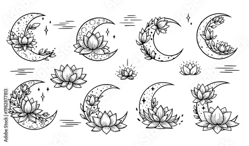 Playful crescent moon lotus doodle vector set with hand drawn spiritual floral moon icons in black and white