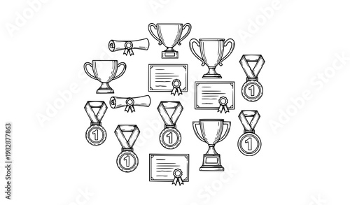 Hand drawn awards doodle vector set with trophy cups medals and diploma icons in black and white outline style